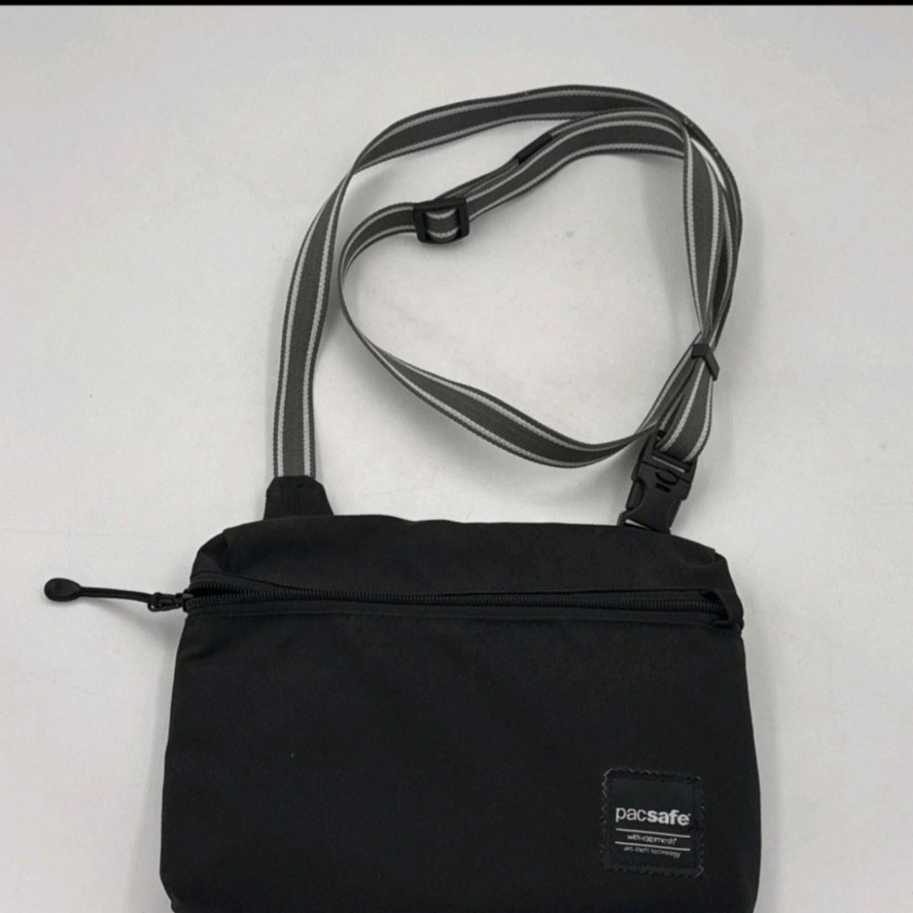 Pacsafe Black Belt Bag with Striped Strap Great Condition